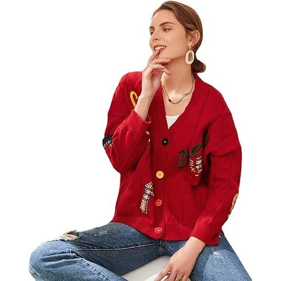 Embroidered Cable Knit Red Patchwork Chunky Cardigan 90s Sporty Grandpa Large - Picture 2 of 15